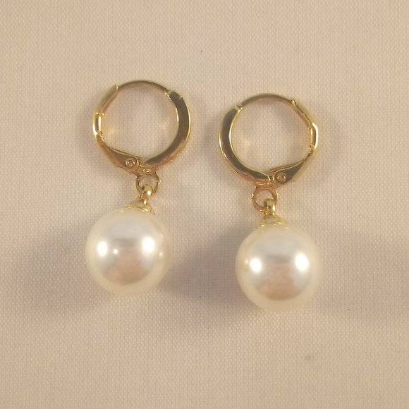 Jewelry - 18K Yellow Gold Filled Pearl Dangle Earrings 10mm